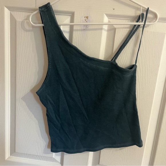 Free People Tan Lines Tank Top One Shoulder Teal Green Ribbed size L - Picture 2 of 4